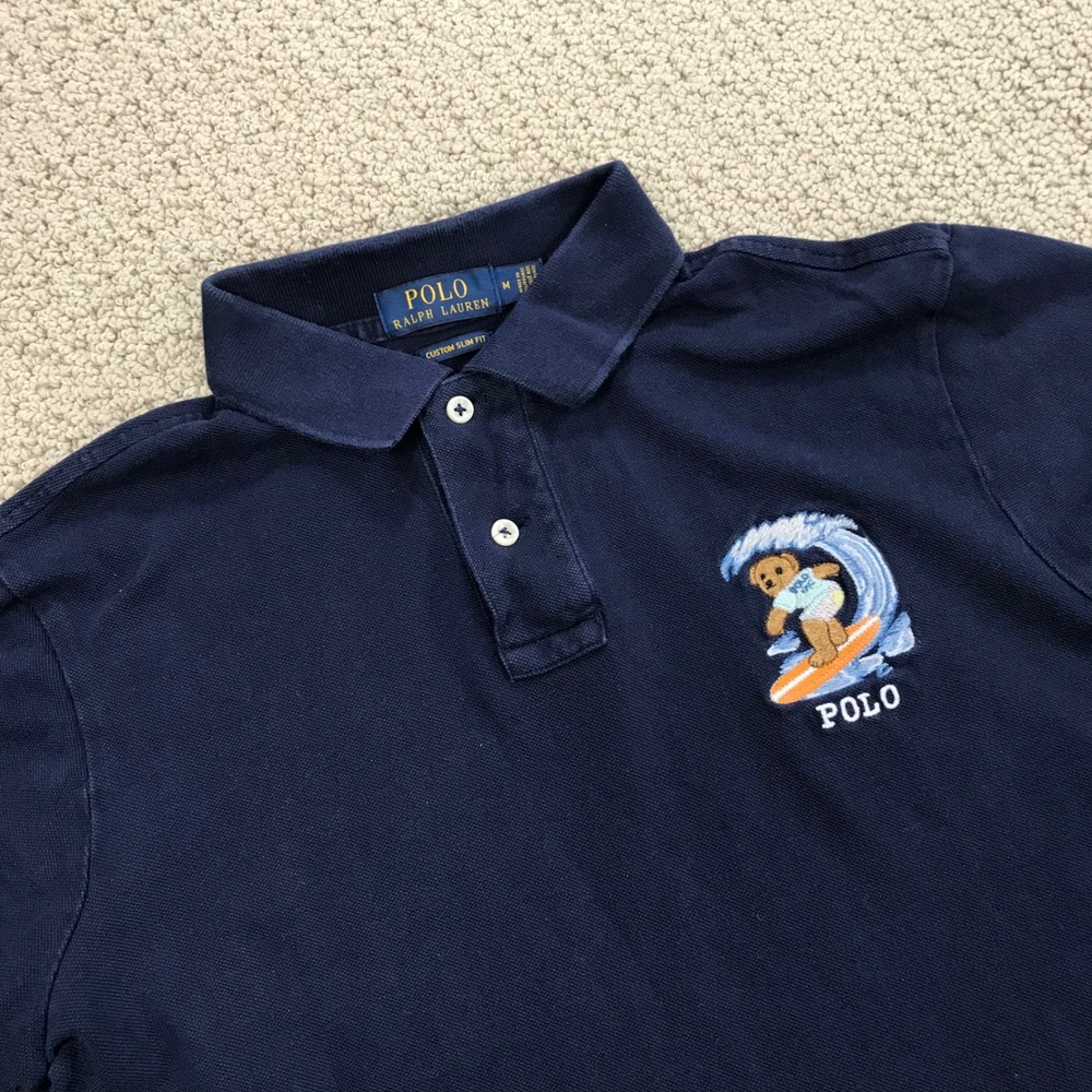 Polo Ralph Lauren Mens Navy Blue Surfing Polo Bear Custom Slim Fit Shirt M
